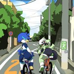 anthro armor bicycle big_butt blue_body blue_feathers bottomwear butt chatting clothing detailed_background duo feathers fur green_body green_fur headgear helmet male pink_eyes shorts vehicle moesouna_gomi nintendo pokemon floragato generation_9_pokemon pokemon_(species) quaxwell 1:1