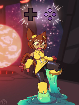anthro breasts brown_body brown_hair button_prompt clothing emanata eyewear eyewear_on_head female glistening goggles goggles_on_head hair magenta_eyes open_mouth quick_time_event slime solo sticky stuck whiskers wide_hips yellow_sclera gluepaw gameoverse glitch_productions kit_bodega domestic_cat felid feline felis mammal 2026 3:4 hi_res