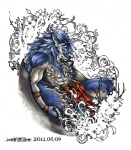 abs anthro belt biceps big_muscles biped black_nose blue_body blue_fur blue_hair bottomwear clothed clothing countershading fur hair loincloth looking_at_viewer male muscular muscular_anthro muscular_male pecs pose sitting solo topless yellow_eyes wolfmalro sega shining_(sega) shining_force shining_force_exa duga_(shining) canid canine canis mammal sourou_cerulean_wolf wolf 2011