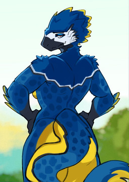 anthro athletic athletic_anthro athletic_female big_tail biped blue_body blue_feathers breasts butt countershade_breasts countershade_butt countershade_feathers countershade_legs countershade_tail countershading detailed_background feathers female female_anthro hands_on_hips humanoid_hands long_tail looking_at_viewer looking_back looking_back_at_viewer markings multicolored_body multicolored_feathers non-mammal_breasts nude nude_anthro nude_female outside rear_view red_eyes side_boob snout solo spots spotted_body spotted_feathers tail tapering_tail thick_tail yellow_body yellow_countershading yellow_feathers hoc2pus dinosaur dromaeosaurid feathered_dinosaur feathered_scalie prehistoric_species reptile scalie theropod velociraptor 2025 digital_drawing_(artwork) digital_media_(artwork) hi_res portrait shaded three-quarter_portrait