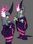 1_horn asian_clothing big_butt black_eyes bottom_heavy breasts butt clothing dialogue east_asian_clothing eyelashes female front_view grey_background grey_hair hair hair_over_eye hand_on_hip horn huge_butt japanese_clothing kimono looking_at_viewer looking_back looking_back_at_viewer open_mouth pale_skin pink_sclera purple_clothing purple_horn purple_kimono rear_view simple_background small_breasts solo text thick_thighs wide_hips sined04_(artist) asian_mythology east_asian_mythology japanese_mythology level-5 mythology yo-kai_watch unkaind horned_humanoid humanoid yokai hi_res