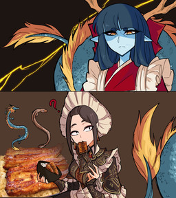 angry antlers blue_body blue_hair blue_skin bowl brown_clothing brown_hair clothing container dragon_tail duo eating female food fur glare hair horn pointy_ears prick_ears question_mark red_clothing rice scales scaly_tail tail tail_tuft tuft white_frill yellow_body yellow_eyes yellow_fur centurii-chan_(artist) mythology animal_humanoid aquatic dragon dragon_humanoid eel fish human humanoid mammal mythological_creature mythological_scalie scalie absurd_res character_request comic hi_res