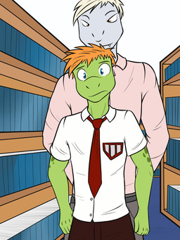 accessory anthro behind_another belt book bookshelf bottomwear clothed clothing duo furniture male male/male necktie pants shirt size_difference topwear fuze blaise_(fuze) amphibian aquatic fish frog shark 2018 3:4 hi_res