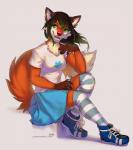 5_fingers anthro biped breasts clothed clothing female fingers footwear fur green_eyes green_hair hair open_mouth orange_body orange_fur shoes simple_background sitting smile solo teeth text tongue white_background reilukah socks-the-fox canid canine fox mammal digital_media_(artwork) shaded url