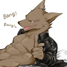 abs anthro biceps black_clothing black_jacket black_topwear brown_body brown_fur clothed clothing fangs finger_gun fur gesture grin hand_gesture jacket leather leather_clothing leather_jacket leather_topwear looking_at_viewer male muscular muscular_anthro muscular_male open_clothing open_jacket open_topwear pecs red_eyes simple_background smile solo teeth text topwear chung0_0 canid canine canis mammal wolf 2018 digital_media_(artwork) english_text