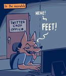 anthro canid canine clothed clothing conditional_dnp dark_room desktop dialogue digital_media_(artwork) english_text eyebrows fox fox-pop fur grin keyboard male mammal narrowed_eyes office open_mouth orange_body orange_fur sitting smile snaggle_tooth solo squint text tongue tongue_out topwear twitter typing