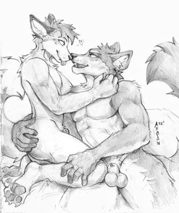 animal_genitalia anthro anthro_on_anthro arm_tuft balls blep claws duo eye_contact fangs fully_sheathed genitals head_tuft looking_at_another male male/male nude open_mouth open_smile pawpads paws pecs penis penis_tip sheath shoulder_tuft simple_background smile teeth tongue tongue_out tuft akatan_art canid mammal 2022 dated greyscale hi_res monochrome signature traditional_media_(artwork)