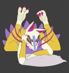 3_toes 5_fingers anthro bent_legs blue_sclera calves_up claws feet fingers foot_focus fur hindpaw looking_at_viewer lying male markings multi_tail on_front paws pillow pink_markings purple_body purple_fur raised_calf simple_background smile soles solo tail toe_claws toes white_body white_fur yellow_body yellow_fur budge_(artist) asian_mythology east_asian_mythology level-5 mythology yo-kai_watch kyubi_(yo-kai_watch) canid canine fox fox_spirit mammal 2017 absurd_res digital_media_(artwork) hi_res