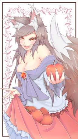 :d apple big_breasts bottomwear breasts brooch brown_ears brown_hair brown_tail cleavage clothed clothing dipstick_ears ear_markings female fingernails food fruit hair holding_apple holding_bottomwear holding_clothing holding_food holding_fruit holding_object holding_skirt inner_ear_fluff long_fingernails looking_at_viewer markings multicolored_ears nails open_mouth open_smile orange_eyes plant red_bottomwear red_clothing red_skirt sharp_fingernails sharp_nails shirt skirt smile solo tail topwear tuft white_clothing white_ear_tips white_inner_ear_fluff white_shirt white_topwear cube85 touhou kagerou_imaizumi animal_humanoid canid canid_humanoid canine canine_humanoid humanoid mammal mammal_humanoid wolf_humanoid hi_res