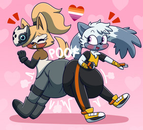 anthro bandage big_diaper blush boots clothed clothing combat_boots crop_top diaper diaper_bump diaper_puff duo female female/female fingerless_gloves fluffy fluffy_tail footwear fur gloves grey_body grey_fur hair handwear head_tuft heart_symbol huge_diaper impact_lines jacket jumpsuit knee_pads lesbian_pride_colors lgbt_pride long_tail looking_at_another mask narrowed_eyes open_mouth ponytail poof poof_effect prehensile_tail pride_colors purple_eyes shirt shoes smile tail tail_tuft tan_body tan_fur tan_hair topwear tuft wearing_diaper white_body white_fur nyxiettenyxstar idw_publishing sega sonic_the_hedgehog_(comics) sonic_the_hedgehog_(idw) sonic_the_hedgehog_(series) tangle_the_lemur whisper_the_wolf canid canine canis lemur mammal primate strepsirrhine wolf hi_res