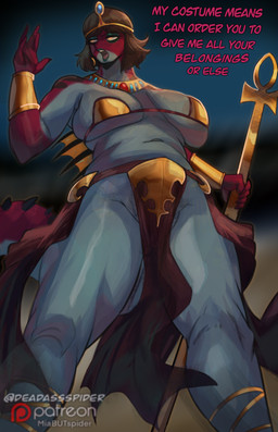 5_fingers abstract_background accessory ankh anthro armor big_breasts blue_eyeshadow blue_lipstick bottomwear bracers breasts claws clothed clothing costume crown dialogue dorsal_frill egyptian egyptian_clothing eyelashes eyeshadow female finger_claws fingers frill_(anatomy) glistening_eyelids gold_bracers grey_body grey_scales headgear huge_breasts lipstick loincloth long_eyelashes long_tail makeup multicolored_body multicolored_scales navel patreon_logo pube_peek pubes red_body red_scales scales skimpy solo spiked_tail spikes spikes_(anatomy) staff strapless_clothing strapless_topwear tail text thick_thighs tiara topwear two_tone_body two_tone_scales usekh deadassspider cavemanon_studios patreon snoot_game rubi_(snoot_game) amargasaurus dicraeosaurid dinosaur diplodocoid prehistoric_species reptile saurischian sauropod sauropodomorph scalie 2026 absurd_res artist_name digital_drawing_(artwork) digital_media_(artwork) english_text hi_res watermark