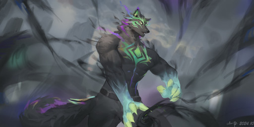 anthro belt black_belt black_nose blue_markings bottomwear clothed clothing empty_eyes front_view fur green_markings grey_body grey_bottomwear grey_clothing grey_fur grey_pants magic_user male male_anthro markings open_mouth pants purple_markings smoke solo standing topless yellow_eyes awaldkize canid canine mammal 2024 absurd_res dated hi_res signature