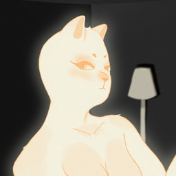 anthro big_breasts breasts clothed clothing dark_room female female/female female_anthro frown fur furniture_lamp glowing glowing_body glowing_fur looking_at_viewer mouser_(yellowracc) mouth_closed simple_background solo topless yellowracc animal_humanoid cat_humanoid domestic_cat felid felid_humanoid feline feline_humanoid felis humanoid mammal mammal_humanoid hi_res