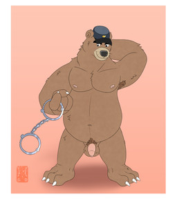 armpit_hair balls belly body_hair border brown_body brown_fur claws clothing cuff_(restraint) flaccid foreskin fur genitals handcuffs hat hat_only headgear headgear_only headwear headwear_only humanoid_genitalia long_foreskin looking_at_viewer male metal_cuffs mostly_nude navel nipples pecs penis pubes restraints simple_background solo standing teasing teasing_viewer thick_neck unretracted_foreskin white_border garo_(artist) brok_the_investigator cowcat_games r.j._(brok_the_investigator) bear mammal ursidae 2025 absurd_res colored digital_media_(artwork) hi_res line_art