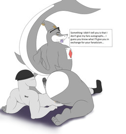 4_toes anthro big_butt butt clothing countershading dialogue duo eyewear feet fin fin_piercing fin_ring furgonomic_piercing furgonomics genitals glasses grey_body hat headgear headwear humanoid_genitalia humanoid_penis looking_at_another male male/male muscular muscular_anthro muscular_male notched_fin penis piercing tail tattoo text thick_thighs toes white_body wide_hips yellow_eyes photolol.03 anon john_(photolol.03) aquatic fish human humanoid mammal shark english_text flat_colors hi_res