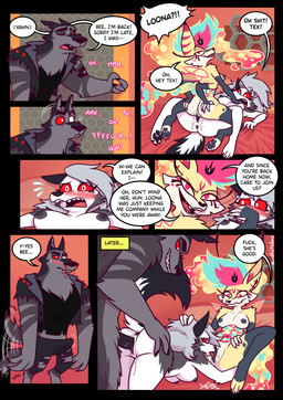 3_toes 4_arms 4_fingers 7_panel_comic anthro anthro_on_anthro anus areola bed bedroom bisexual black_nipples black_nose black_vulva blind_eye blood blush bodily_fluids breasts butt canon_couple caught caught_in_the_act claws clothed clothed_male clothing covering covering_mouth cunnilingus dark_body dark_fur dialogue dominant dominant_female erection erection_under_clothing erection_under_pants eye_scar facial_scar fangs feet female female/female finger_claws fingers fur furniture genitals grey_body grey_fur grey_hair group group_sex hair hand_on_breast hand_on_butt hand_on_mouth hindpaw jacket male male/female moan multi_arm multi_limb multicolored_body multicolored_fur multicolored_tail muscular muscular_male navel nipples nosebleed nude nude_anthro nude_female open_mouth oral pawpads paws penetration penile penis pillow profanity red_eyes red_sclera scar sex shocked smile speech_bubble submissive submissive_female tail tail_motion tailwag tattoo teeth text threesome threesome_invitation tired toe_claws toes tongue topwear tribadism trio vaginal vaginal_penetration vulva white_body white_eyes white_fur wings yawn yellow_body yellow_fur luchosfactory hellaverse helluva_boss mythology loona_(helluva_boss) queen_bee-lzebub_(helluva_boss) vortex_(helluva_boss) arthropod bee canid canid_demon canine canis demon hellhound hymenopteran insect mammal mythological_canine mythological_creature wolf absurd_res comic english_text hi_res