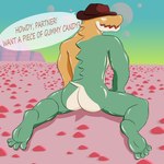 1:1 absurd_res anthro butt candy clothing cowboy cowboy_hat crocodile crocodilian crocodylid dessert feet food food_creature glitch_productions gummigoo_(tadc) gummy_(food) gummy_creature hat headgear headgear_only headwear headwear_only hi_res kneeling kneeling_on_ground living_candy male mostly_nude nel0 nude reptile scalie solo the_amazing_digital_circus