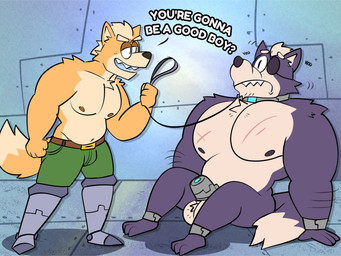 4_fingers ankle_cuffs anthro arm_hair balls black_nose body_hair bottomwear chastity_cage chastity_cage_only chastity_device chastity_device_only cheek_tuft chest_scar clothed clothing countershading cuff_(restraint) cybernetic_leg cybernetic_limb dialogue dipstick_tail duo eye_contact eye_patch eyewear facial_tuft fingers fur genitals green_bottomwear green_clothing green_shorts grey_body grey_fur inside larger_sub leash leashed_male looking_at_another male male/male male_anthro markings muscular muscular_anthro muscular_arms muscular_male naughty_face nodding nude orange_body orange_fur pants pecs restraints sassy scar sharp_teeth shorts sitting sitting_on_ground size_difference submissive tail tail_markings teeth text toony topless topless_anthro topless_male tuft wearing_chastity_cage wearing_chastity_device white_balls wrist_cuffs janjauwu nintendo star_fox fox_mccloud wolf_o'donnell canid canine canis fox mammal wolf 2025 absurd_res colored digital_drawing_(artwork) digital_media_(artwork) english_text hi_res