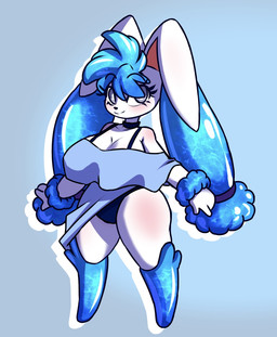 anthro blue_clothing blue_legs clothing female fur grey_eyes head_tuft long_ears looking_at_viewer smile solo thick_thighs tuft white_body white_fur vic88 nintendo pokemon lapis_(nickzilla) generation_4_pokemon lagomorph lopunny mammal pokemon_(species) hi_res