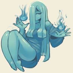 blue_body blue_clothing blue_eyes blue_hair blue_shirt blue_skin blue_topwear bottomless clothed clothing female fire hair hitodama long_hair male not_furry shirt simple_background solo topwear white_background saucymauler mila_(spikedmauler) ghost spirit will-o'-the-wisp