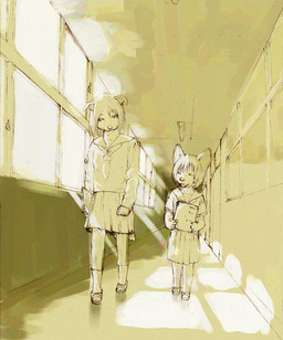 anthro bottomwear clothed clothing corridor detailed_background door duo female footwear hallway holding_object inside japan school school_uniform shoes skirt socks toony uniform window young young_anthro young_female kunugi canid canine fox mammal detailed yellow_theme