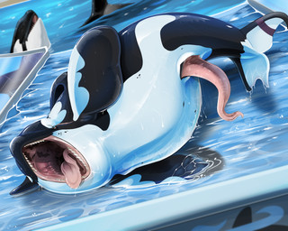 animal_genitalia animal_penis black_body bodily_fluids brown_eyes cetacean_genitalia cetacean_penis day drooling duo erection facial_scar feral genital_slit genitals male male_feral open_mouth penis pink_penis pink_tongue saliva scar solo_focus swimming tapering_penis tongue tongue_out water white_body swampjaws aquatic cetacean dolphin mammal oceanic_dolphin orca toothed_whale 5:4 hi_res
