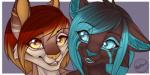 anthro duo fangs female looking_at_viewer open_mouth simple_background smile teeth tongue magic_(artist) felid mammal 2:1