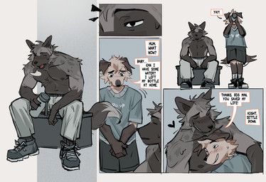anthro big_muscles biped black_body black_bottomwear black_clothing black_eyes black_fur black_shorts bottomwear clothed clothing dialogue duo floppy_ears fur grey_body grey_bottomwear grey_clothing grey_fur grey_pants male male/male muscular muscular_anthro muscular_male pants shorts slim_anthro slim_male tail text topless topless_anthro topless_male white_body white_fur hemuchang autumn_(outumn) shin_(hemuchang) canid canine canis domestic_dog fox mammal platinum_fox red_fox true_fox 2025 comic english_text hi_res