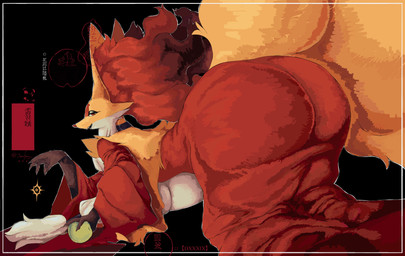 anthro apple bent_over big_butt black_background black_body black_fur breasts butt butt_focus female female_anthro food fruit fur huge_butt inner_ear_fluff looking_at_viewer looking_back plant raised_tail red_body red_fur simple_background solo tail tuft white_body white_fur yellow_body yellow_fur sarifairy nintendo pokemon pokemon_legends_z-a generation_9_pokemon mega_delphox mega_evolution pokemon_(species) absurd_res colored hi_res