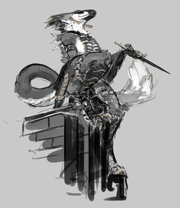 anthro armor big_breasts breasts claws digitigrade feathered_tail feathers female gold_(metal) gold_jewelry holding_object holding_weapon jewelry non-mammal_breasts sitting solo tail toe_claws unconvincing_armor weapon glewes dinosaur feathered_dinosaur feathered_scalie prehistoric_species reptile scalie hi_res