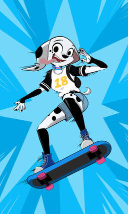 anthro anthrofied armwear backpack black_body black_fur black_spots bottomwear clothing collar female footwear fur legwear long_ears markings shirt shoes shorts simple_background skateboard smile sneakers spots spotted_body spotted_fur t-shirt tongue tongue_out topwear vehicle white_body white_fur nickick90 nicky_illust 101_dalmatian_street 101_dalmatians disney dolly_(101_dalmatians) canid canine canis dalmatian domestic_dog mammal 3:5 absurd_res hi_res
