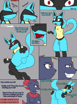 animal_genitalia anthro anus balls big_butt breasts butt butt_grab corruption duo eyelashes female fully_sheathed fur genitals hand_on_butt male nude pose presenting presenting_hindquarters red_eyes sheath simple_background surprised text thick_thighs gyrodraws nintendo pokemon canid canine generation_4_pokemon lucario mammal pokemon_(species) weavile 2019 comic digital_media_(artwork) english_text hi_res