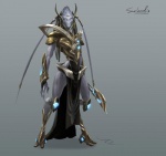 armor digitigrade female grey_background hairless head_ornament mouthless not_furry ornate_armor purple_body simple_background solo split_dress standing wide_hips graven_tung blizzard_entertainment starcraft selendis_(starcraft) alien alien_humanoid humanoid protoss official_art