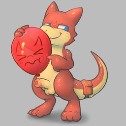 accessory anthro bag balloon balloon_fetish balloon_popping balls claws digitigrade earless freckled_face freckled_legs freckled_shoulder freckled_thighs freckles furgonomics genitals glans grey_background half-erect holding_balloon humanoid_genitalia humanoid_penis inflatable looking_aside male penis print_balloon simple_background solo standing tail tail_accessory tail_bag toe_claws badipoki kobold scalie 1:1 absurd_res hi_res