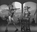 anthro bound boxers_(clothing) chair clothed clothing cloven_hooves corset deer devil_costume dewclaw_hooves di19826 duo female furniture greyscale hooves lingerie looking_at_viewer male mammal melee_weapon monochrome polearm sitting slim smile standing submissive submissive_male text tombstone topless topwear trident underwear unguligrade url weapon