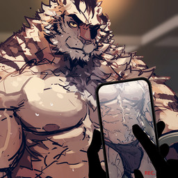 abs anthro black_clothing black_hair black_thong black_underwear bulge camera_hud camera_view clothed clothing electronics eye_patch eyewear facial_hair fur goatee hair holding_object holding_phone looking_at_viewer male muscular muscular_anthro muscular_male neck_tuft nipples one_eye_obstructed orange_body orange_fur pecs phone solo striped_body striped_fur stripes thong thong_only topless tuft underwear underwear_only yellow_sclera rybiok mr._blake_(rybiok) felid mammal pantherine tiger 1:1 2023