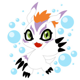 ambiguous_gender big_eyes black_claws bubble chibi claws fangs green_eyes hair markings open_mouth orange_hair simple_background solo teeth white_background white_body loren_(artist) bandai_namco digimon aquatic digimon_(species) gomamon mammal pinniped seal 1:1 hi_res