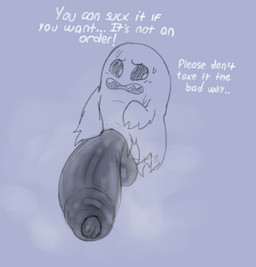 balls big_balls big_penis black_body black_penis black_sclera bodily_fluids clothing dialogue embarrassed fellatio_request foreskin genitals hand_on_penis huge_penis humanoid_genitalia humanoid_penis hyper hyper_genitalia hyper_penis legless long_penis looking_away male musk not_furry oral_request penis requesting sex_request small_but_hung solo sweat talking_to_viewer text torn_clothing white_body worried kiffy_(artist) bandai_namco digimon bakemon digimon_(species) ghost spirit english_text