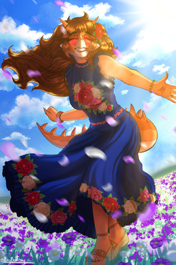 accessory anthro blue_clothing blue_dress bracelet breasts brown_hair claws clothed clothed_anthro clothed_female clothing cloud day dress eyes_closed facial_horn feet female field finger_claws fingers floral_print flower flower_field flower_in_hair footwear furgonomics hair hair_accessory happy horn humanoid_feet humanoid_hands jewelry light light_beam long_hair long_tail looking_at_viewer medium_breasts non-mammal_breasts outside plant plantigrade rose_(flower) sky smile solo spiked_tail spikes spikes_(anatomy) standing sun sunbeam sunlight tail text toe_claws toeless_footwear toes bigboitony goodbye_volcano_high ko_op_(game_developer) rosa_(gvh) aquilops ceratopsian dinosaur marginocephalian ornithischian prehistoric_species reptile scalie 2:3 absurd_res artist_name colored hi_res shaded