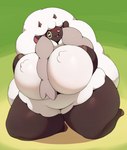 anthro big_breasts black_body black_eyes blush breasts female fur horizontal_pupils horn huge_breasts huge_thighs hyper hyper_breasts kneeling looking_at_viewer open_mouth pupils solo thick_thighs white_body white_fur white_pupils white_wool wool_(fur) yellow_sclera kkoart nintendo pokemon generation_8_pokemon pokemon_(species) wooloo absurd_res hi_res