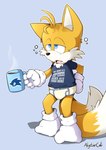 2_tails anthro beverage blue_eyes briefs bulge clothing coffee drowsy footwear fur gloves handwear male multi_tail orange_body orange_fur shirt socks solo t-shirt tail text text_on_clothing text_on_shirt text_on_topwear topwear underwear young young_anthro young_male alystaircat sega sonic_the_hedgehog_(series) miles_prower canid canine fox mammal absurd_res hi_res