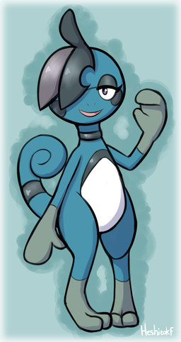 2_toes alternative_fashion anthro black_markings blue_body choker feet female front_view goth gradient_background half-closed_eyes jewelry looking_at_viewer markings mitten_hands narrowed_eyes necklace one_eye_obstructed simple_background solo standing toes wave heshieokf nintendo pokemon drizzile generation_8_pokemon pokemon_(species) 2023 hi_res signature