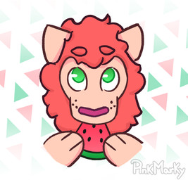 anthro eating food fruit fur green_eyes hair holding_food holding_object looking_at_viewer male melon pink_body pink_fur plant red_hair simple_background solo watermelon watermelon_slice pink_marky felid lion mammal pantherine hi_res