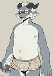 anthro biped bulge clothed clothing eyebrows eyewear fingers glasses hair holding_object horn male open_mouth solo topless topless_anthro topless_male underwear white_hair milkybot mythology yay_(milkybot) dragon mythological_creature mythological_scalie scalie hi_res