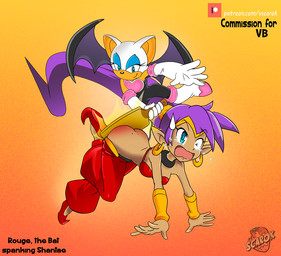 anthro back_wings blue_eyes bodily_fluids bottomwear bottomwear_down butt butt_slap clothed clothing corporal_punishment duo female flying humanoid_pointy_ears paddle paddling pants pants_down partially_clothed pointy_ears red_cheeks reddened_butt slap spanked_butt spanking spanking_paddle tears wings vscarok sega shantae_(series) sonic_the_hedgehog_(series) wayforward rouge_the_bat shantae bat genie humanoid mammal