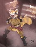 aggretsuko ailurid alternative_fashion anthro blokfort boots bottomwear breasts clothed clothing collar concert female fishnet_clothing fishnet_topwear footwear genitals mammal punk pussy red_panda retsuko sanrio screaming skirt solo spiked_collar spikes stage topwear torn_clothing upskirt