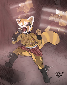 alternative_fashion anthro boots bottomwear breasts clothed clothing collar concert female fishnet_clothing fishnet_topwear footwear genitals punk screaming shoes skirt solo spiked_collar spikes stage topwear torn_clothing upskirt vulva blokfort aggretsuko sanrio retsuko ailurid mammal red_panda