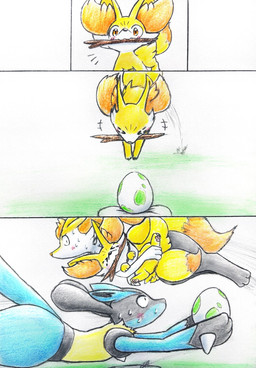 ambiguous_gender anthro blush blush_lines bodily_fluids dipstick_tail egg emanata eyes_closed featureless_crotch feral fur group inner_ear_fluff jumping markings motion_lines multicolored_body orange_body orange_eyes orange_fur pawpads paws pillow solo spread_legs spreading stick stick_in_mouth sweat tail tail_markings trio tuft white_body white_fur yellow_body yellow_fur eiroru nintendo pokemon braixen canid canine fennekin generation_4_pokemon generation_6_pokemon lucario mammal pokemon_(species) 2026 colored_pencil_(artwork) comic graphite_(artwork) hi_res traditional_media_(artwork)