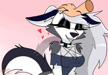 ambiguous_gender anthro arm_tuft black_eyelids breasts cleavage clothed clothing collar disembodied_hand duo eyelashes eyes_closed female fur grey_clothing grey_hair grey_shirt grey_topwear hair happy headpat heart_symbol inner_ear_fluff long_hair multicolored_body multicolored_fur offscreen_character petting pink_background shirt shoulder_tuft shoulderless_shirt simple_background smile spiked_collar spikes tail tail_motion tailwag topwear tuft two_tone_body two_tone_fur white_body white_fur starpaintart hellaverse helluva_boss mythology loona_(helluva_boss) canid canid_demon canine canis demon hellhound human mammal mythological_canine mythological_creature wolf 2024 absurd_res half-length_portrait hi_res portrait