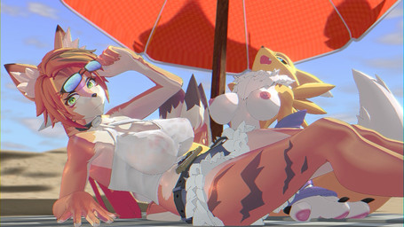 beach big_breasts blue_eyes bottomwear breasts choker clothing cute_fangs duo eyewear fangs female green_eyes jewelry looking_at_viewer necklace nipples shirt shorts sunglasses tail teeth topwear umbrella wet wet_clothing wet_shirt wet_topwear erie51 bandai_namco digimon mihoyo zenless_zone_zero pulchra_fellini canid digimon_(species) felid feline mammal renamon thiren 16:9 3d_(artwork) digital_media_(artwork) hi_res widescreen
